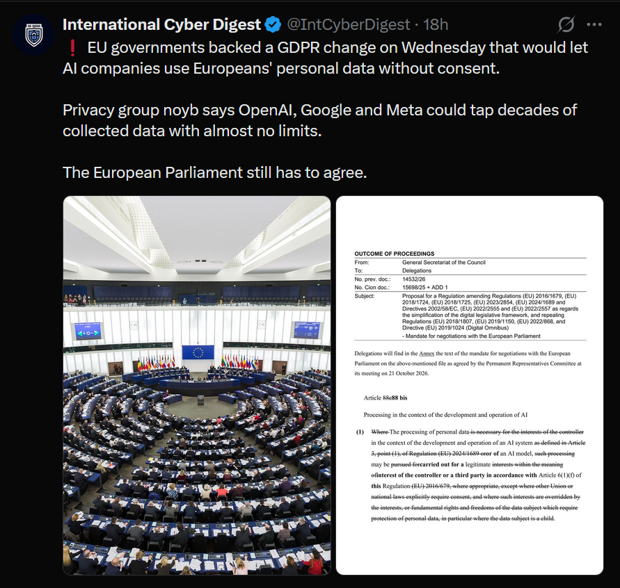 Kuvakaappaus International Cyber Digest -tilin X-julkaisusta, jossa kerrotaan EU-maiden hyväksyneen GDPR-muutoksen tekoäly-yrityksille. Oikealla on neuvoston asiakirja.